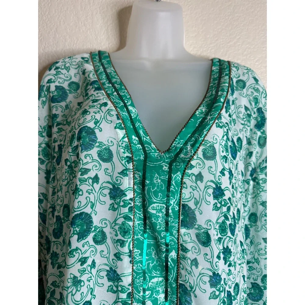 Chicos 3 US XL Tunic Top Green‎ Floral Sequin V Neck Bell Sleeve Blouse Boho